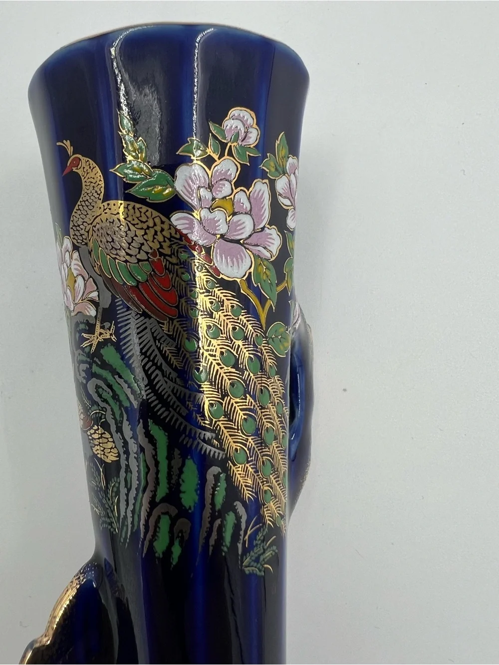 Vintage Cobalt Blue Peacock & Floral Gold Accents Bud Vase Japan 4.75” Tall